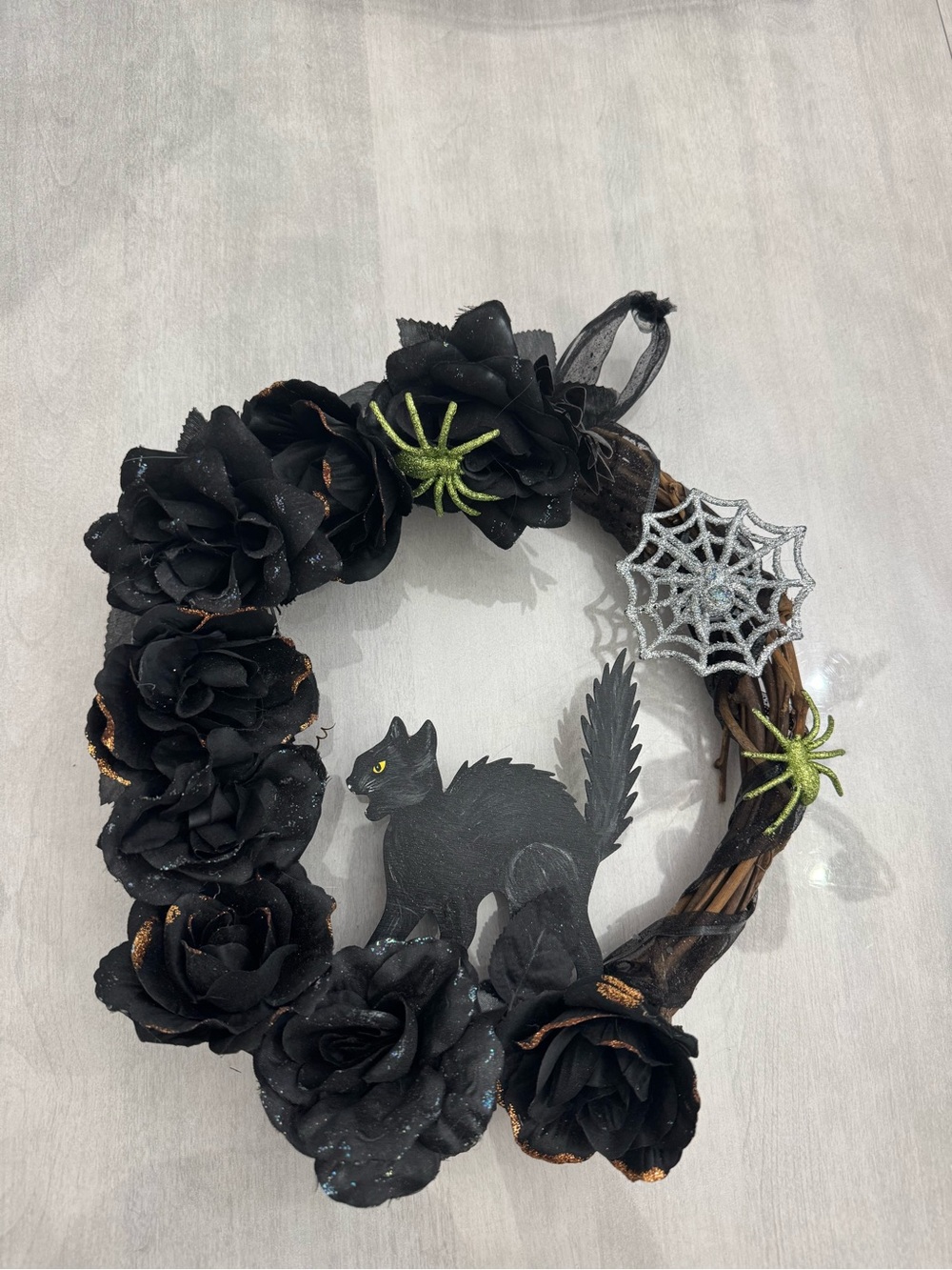 Handmade Black Cat and Spiderweb Halloween Wreath